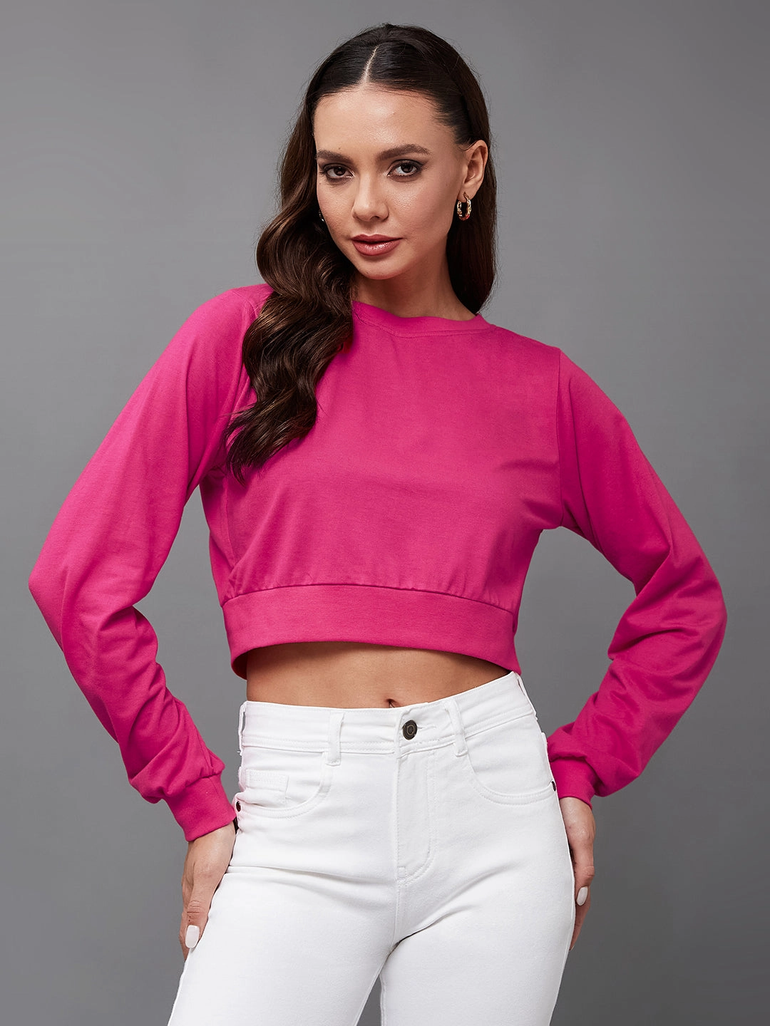 Women's Dark Pink Solid Full Sleeve Round Neck Cotton Crop Tops Wind Resistant Fabric Hidden Storage Pockets
