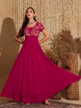 Women's Dark Pink Square Neck Raglan Short Sleeve Self Design Lace Overlaid Georgette Maxi Dress All-Day Fit