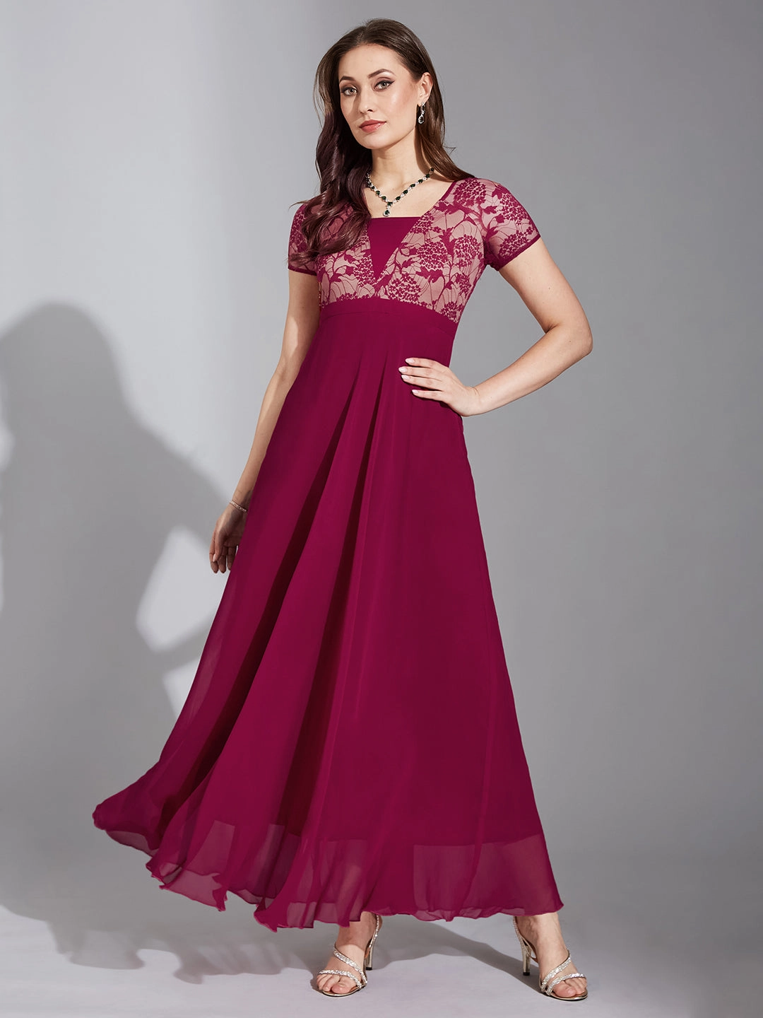 Minimal Detail Women's Dark Pink Square Neck Raglan Short Sleeve Self Design Lace Overlaid Georgette Maxi Dress