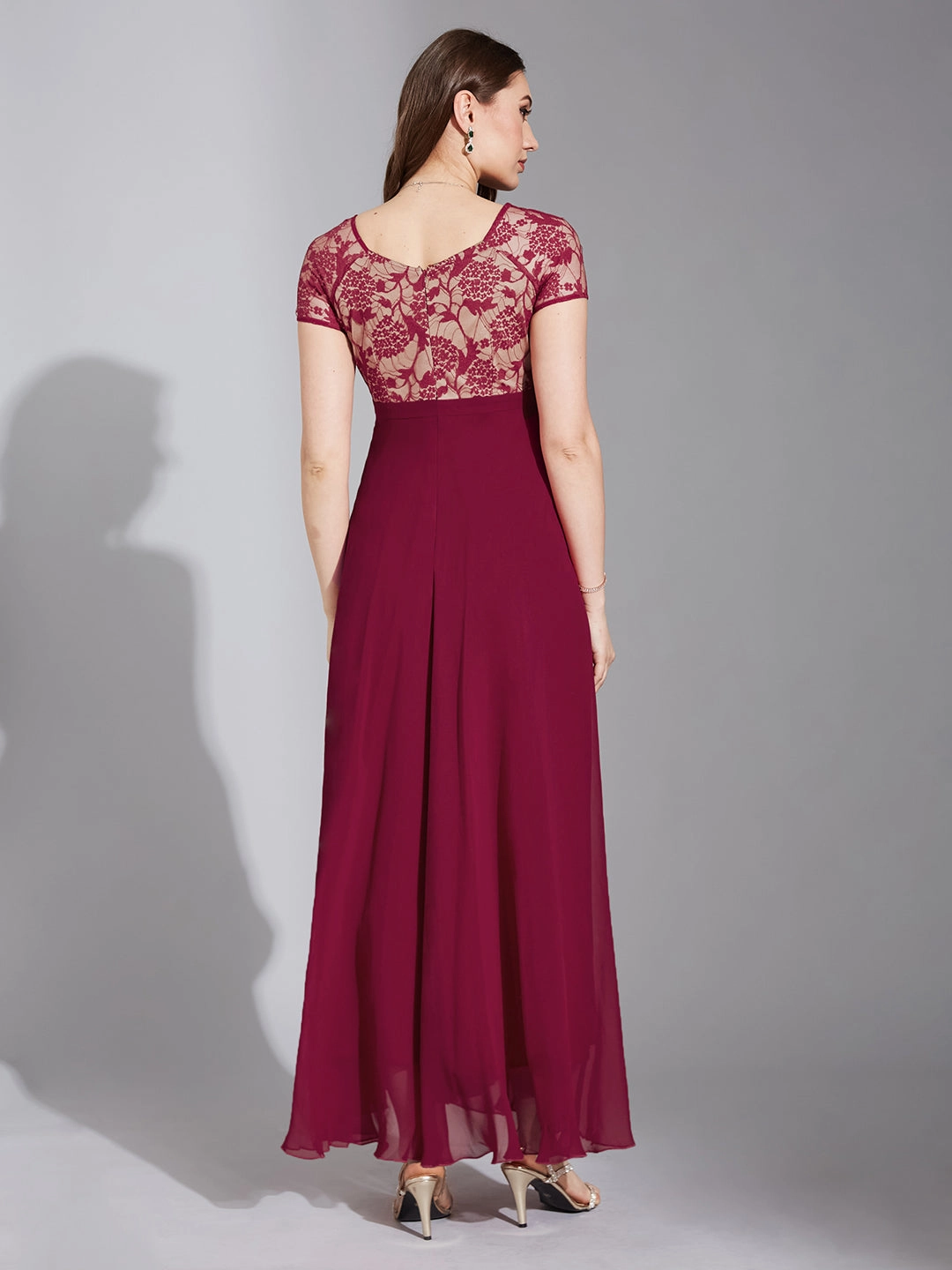 Women's Dark Pink Square Neck Raglan Short Sleeve Self Design Lace Overlaid Georgette Maxi Dress Rose Flush Cozy Silhouette