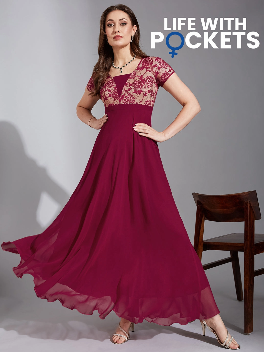 Women's Dark Pink Square Neck Raglan Short Sleeve Self Design Lace Overlaid Georgette Maxi Dress Ruffle Detail Coastal Soft