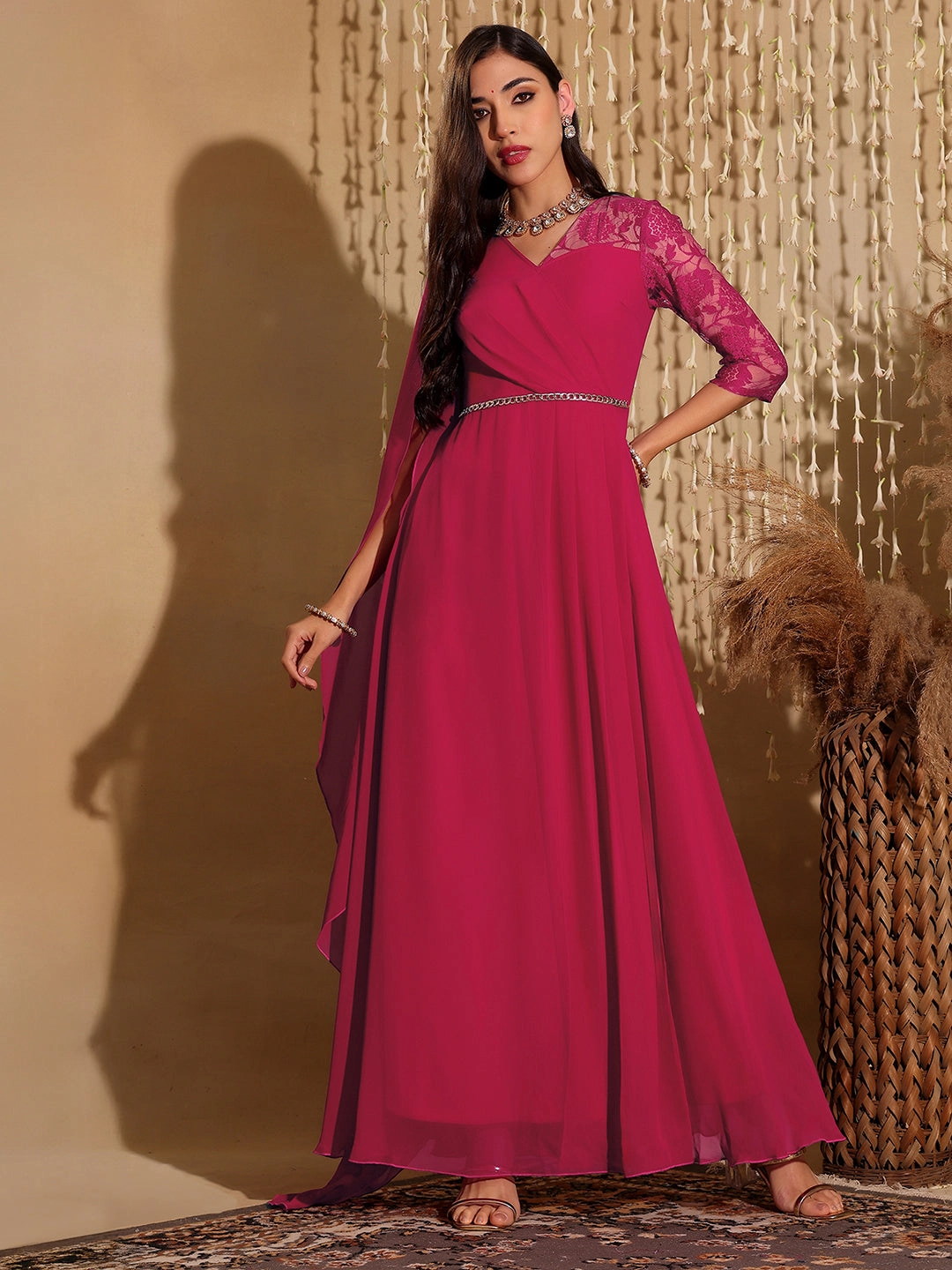 Women's Dark Pink V-Neck Asymmetric Self-Designed Georgette Maxi Dress confident look