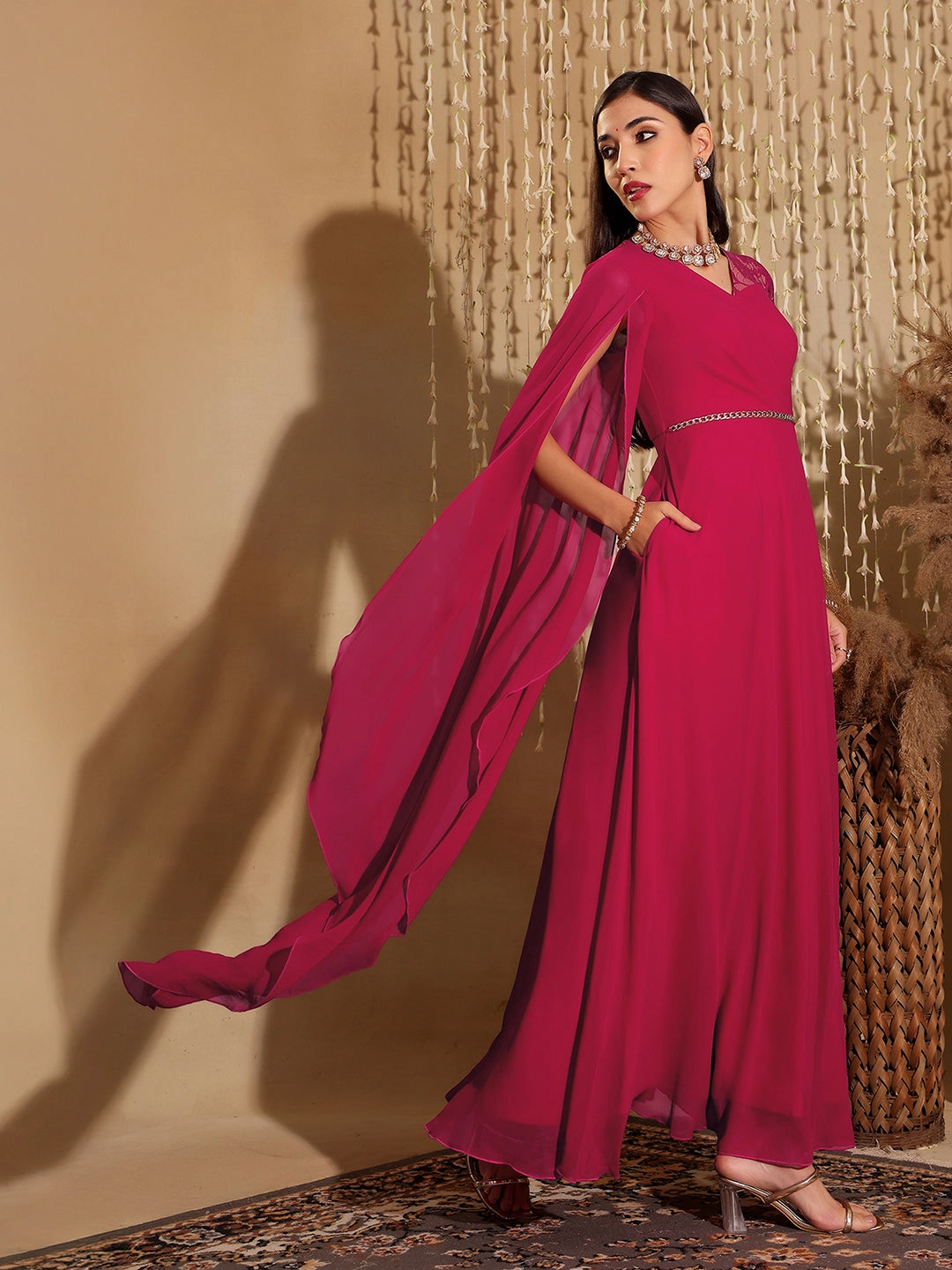 Women's Dark Pink V-Neck Asymmetric Self-Designed Georgette Maxi Dress Abstract Pattern