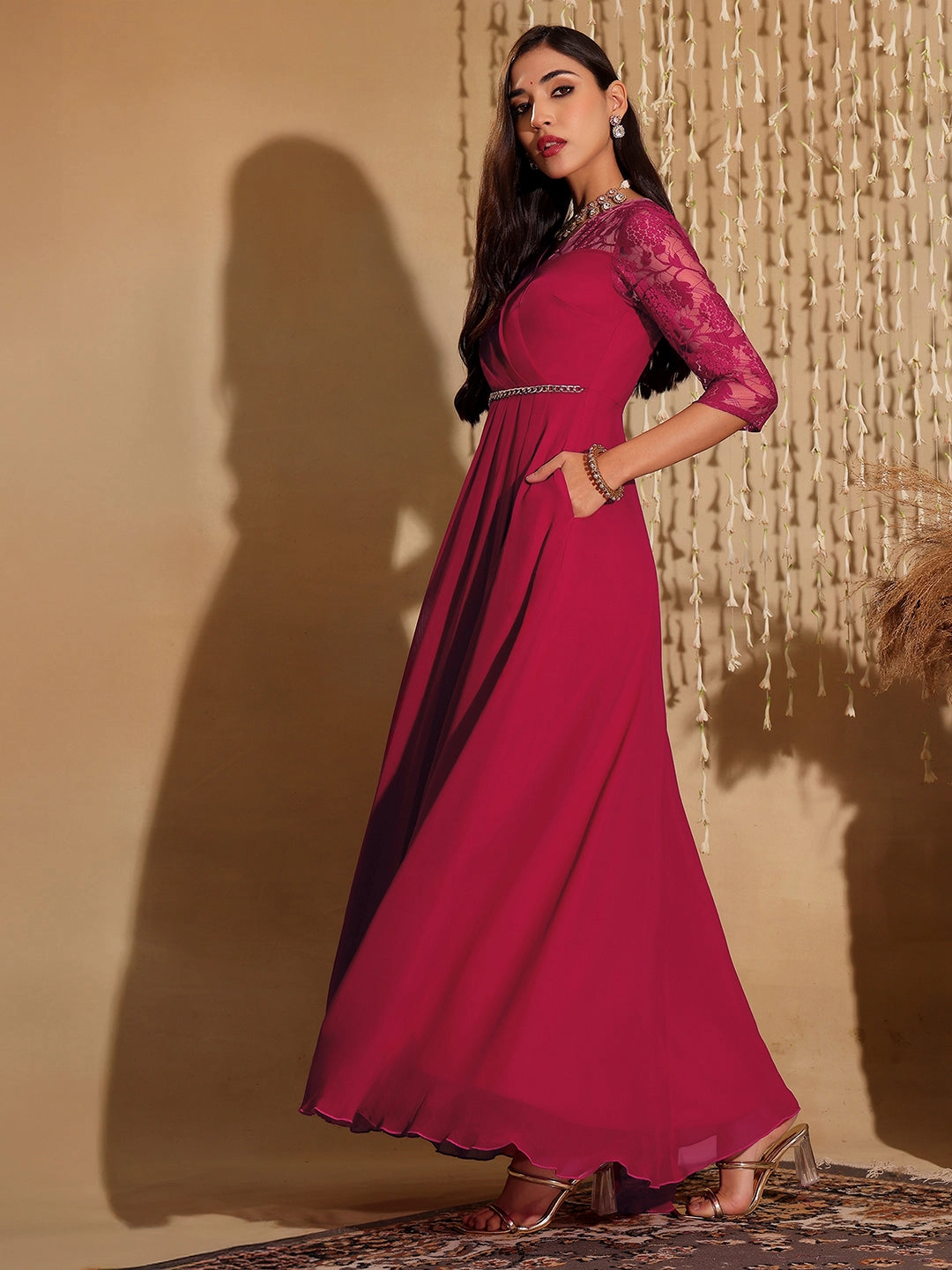 Women's Dark Pink V-Neck Asymmetric Self-Designed Georgette Maxi Dress Work Mood