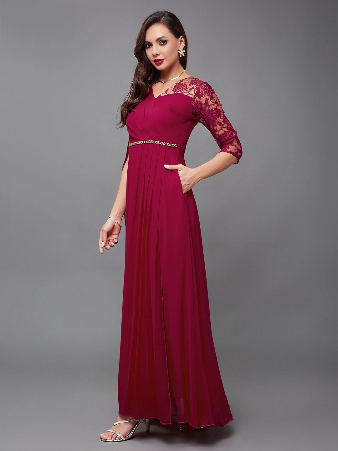 Women's Dark Pink V-Neck Asymmetric Self-Designed Georgette Maxi Party Dress Underwire-Support Polished Fit