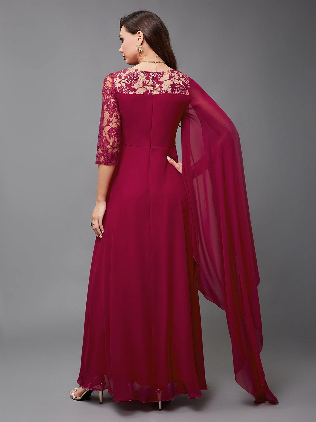 Women's Dark Pink V-Neck Asymmetric Self-Designed Georgette Maxi Party Dress Feminine Mood