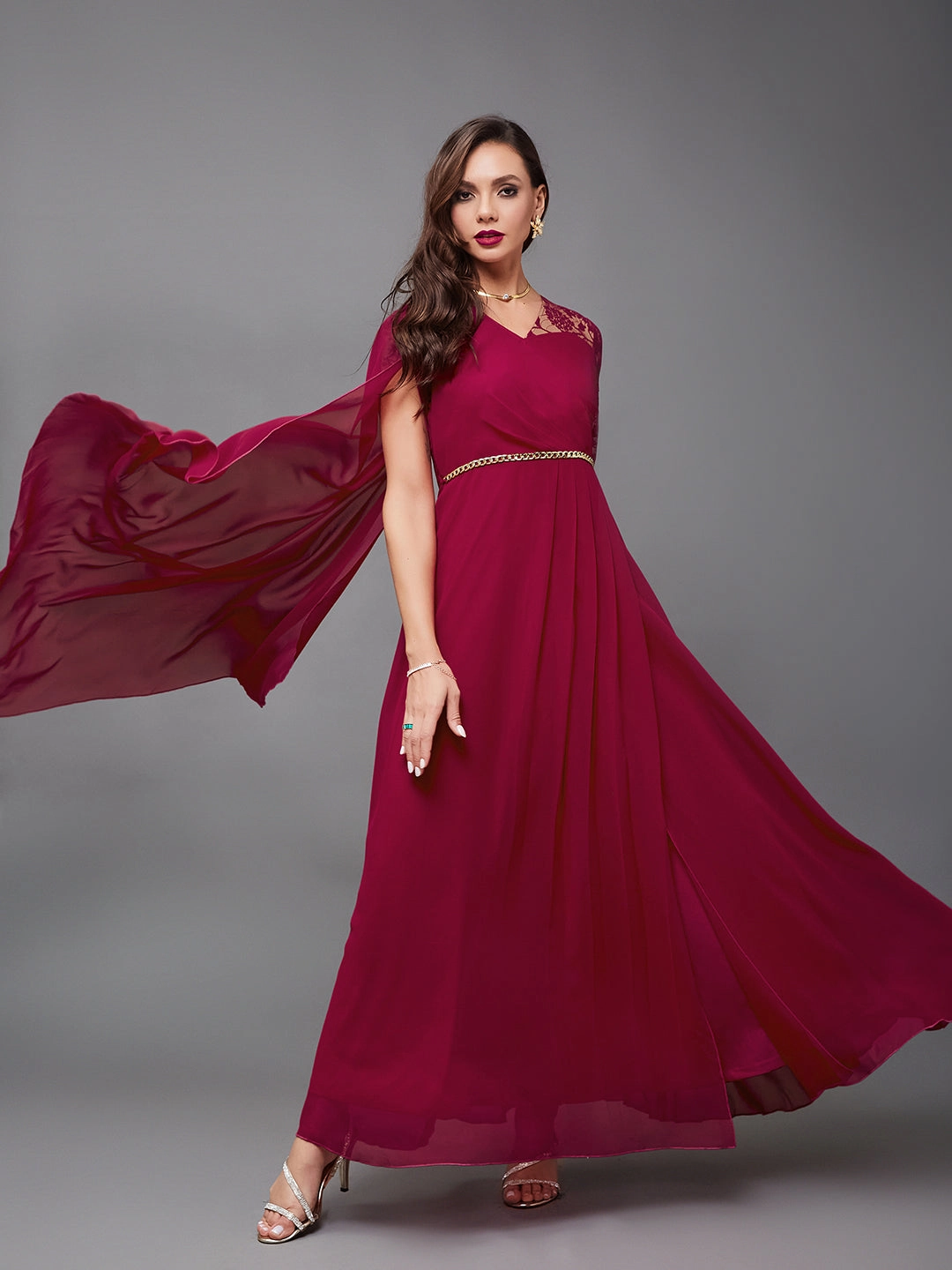Breathable Design Date night Women's Dark Pink V-Neck Asymmetric Self-Designed Georgette Maxi Party Dress
