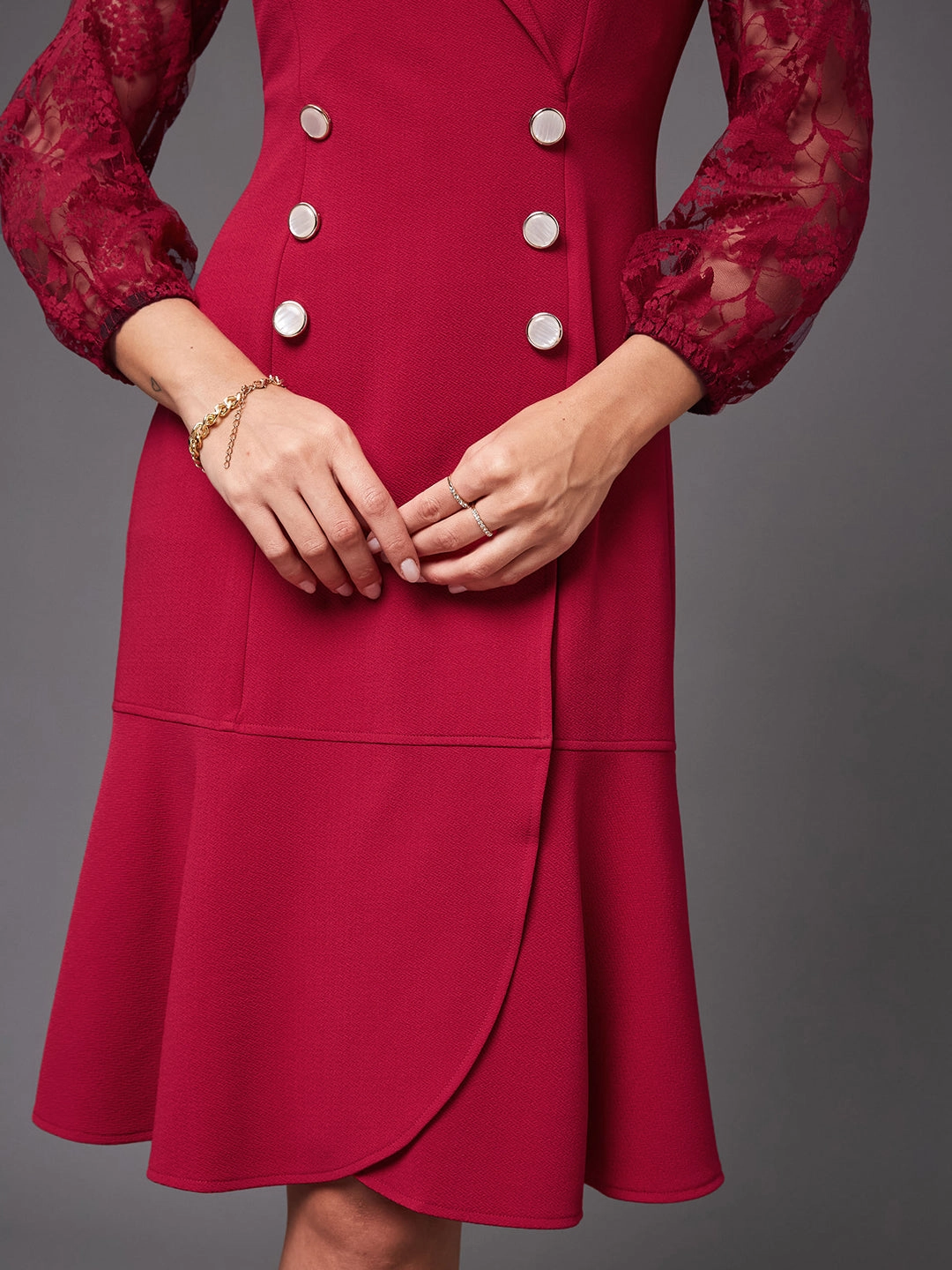 Women's Dark Pink V-neck Full Sleeves Solid Blazer Knee Length Dress Casual chic dress