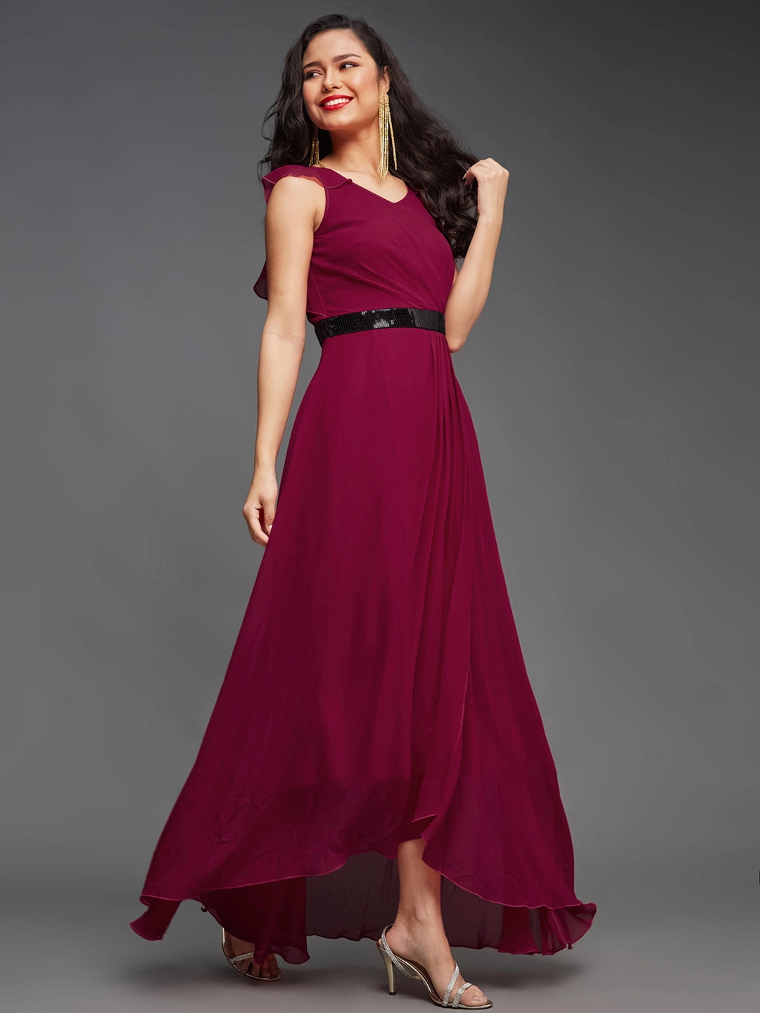 Casual Feel Essential Style Women's Dark Pink V-Neck Ruffled Sleeve Sequined Party Maxi Dress