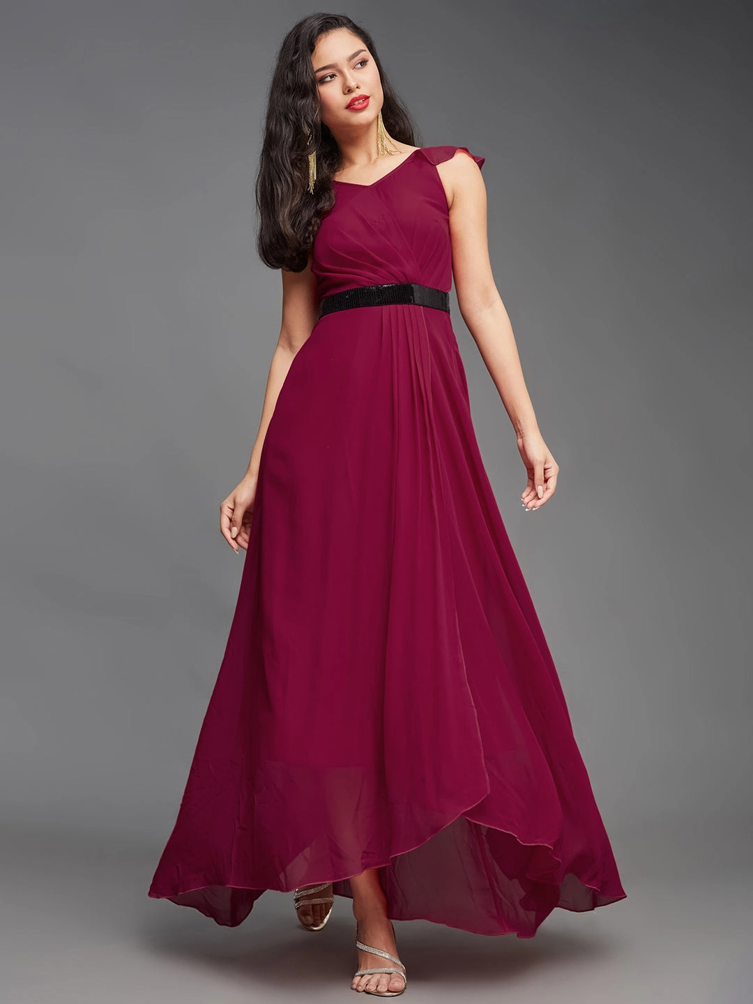 Women's Dark Pink V-Neck Ruffled Sleeve Sequined Party Maxi Dress Smart and Stylish Flow Line