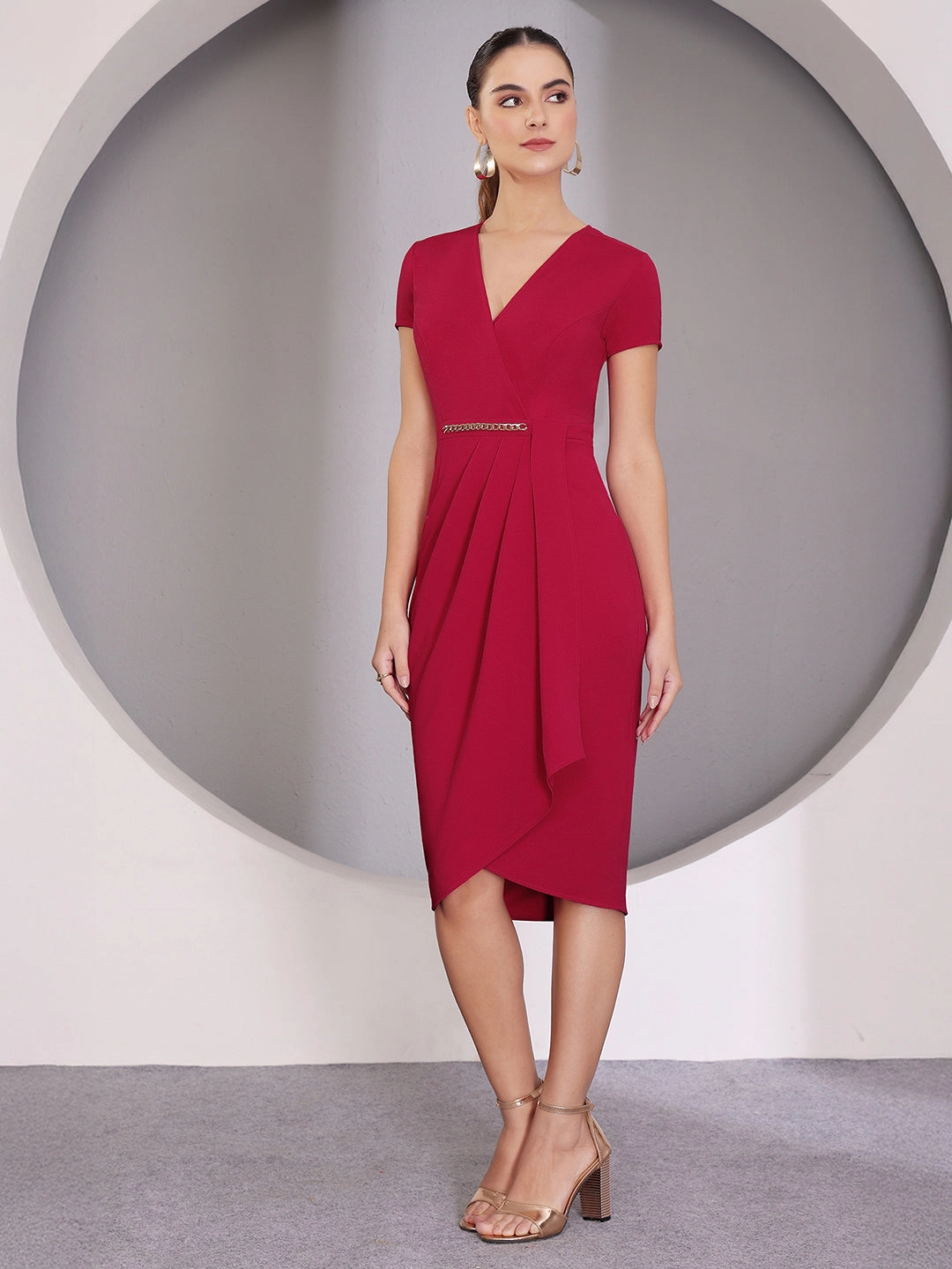 Eco Friendly Comfy Yet Stylish Women's Dark Pink Wrap-Styled Short Sleeve Solid Pleated Knee-Long Dress