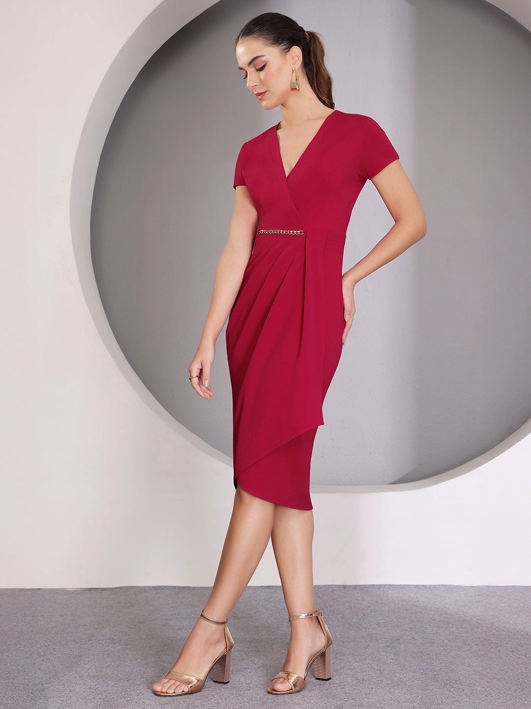 Women's Dark Pink Wrap-Styled Short Sleeve Solid Pleated Knee-Long Dress Cozy Silhouette
