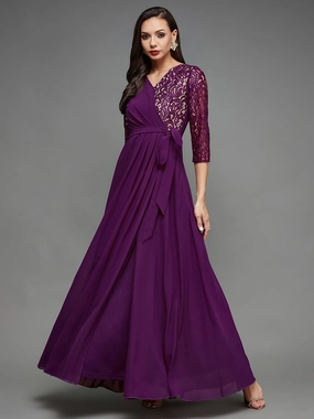 Women's Dark Purple Colored V-Neck Three-Quarter Sleeve Self-Designed Wrap Maxi Georgette Dress Subtle Mood