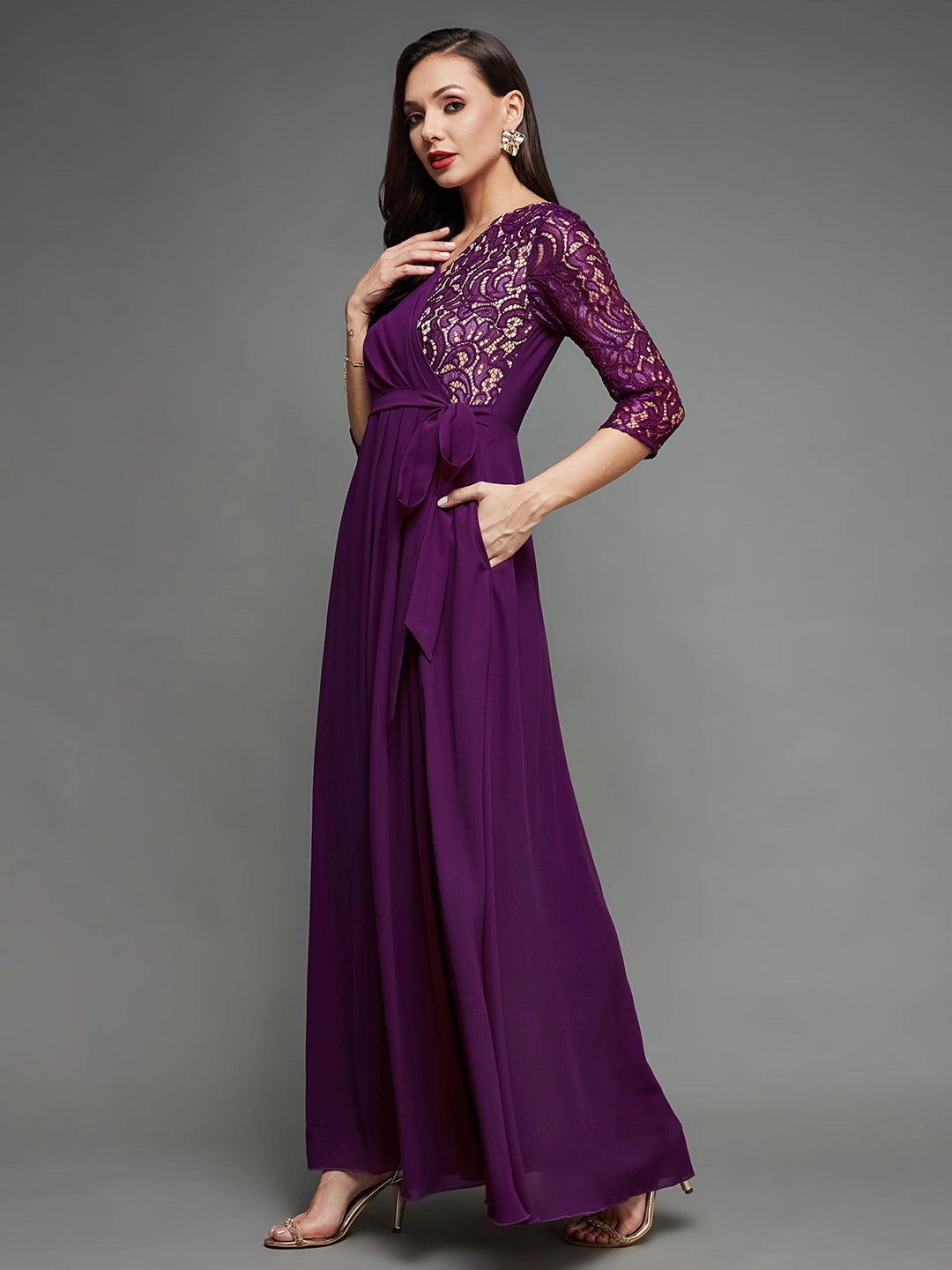 Women's Dark Purple Colored V-Neck Three-Quarter Sleeve Self-Designed Wrap Maxi Georgette Dress Modern Soft