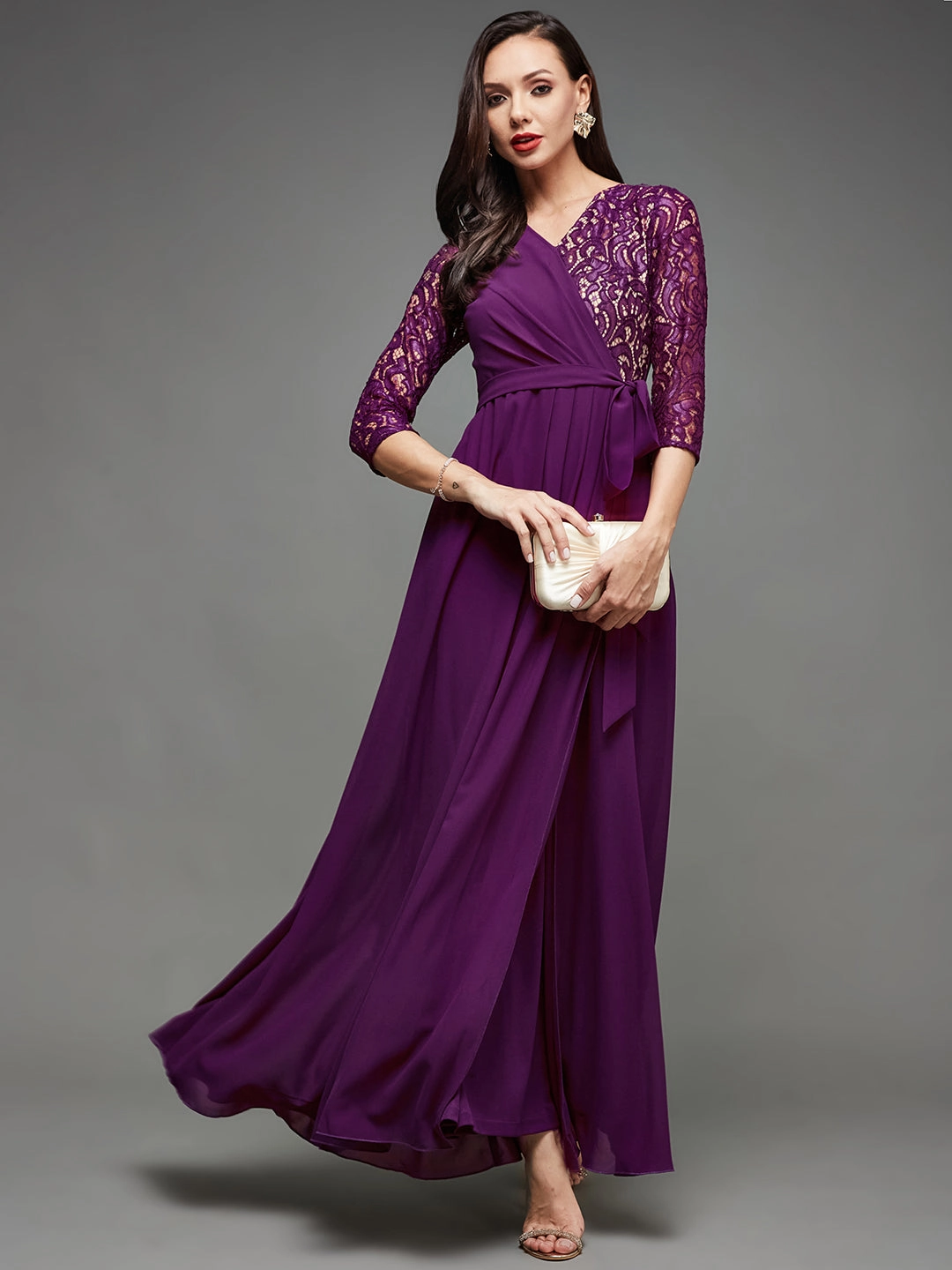 Office Layer Women's Dark Purple Colored V-Neck Three-Quarter Sleeve Self-Designed Wrap Maxi Georgette Dress