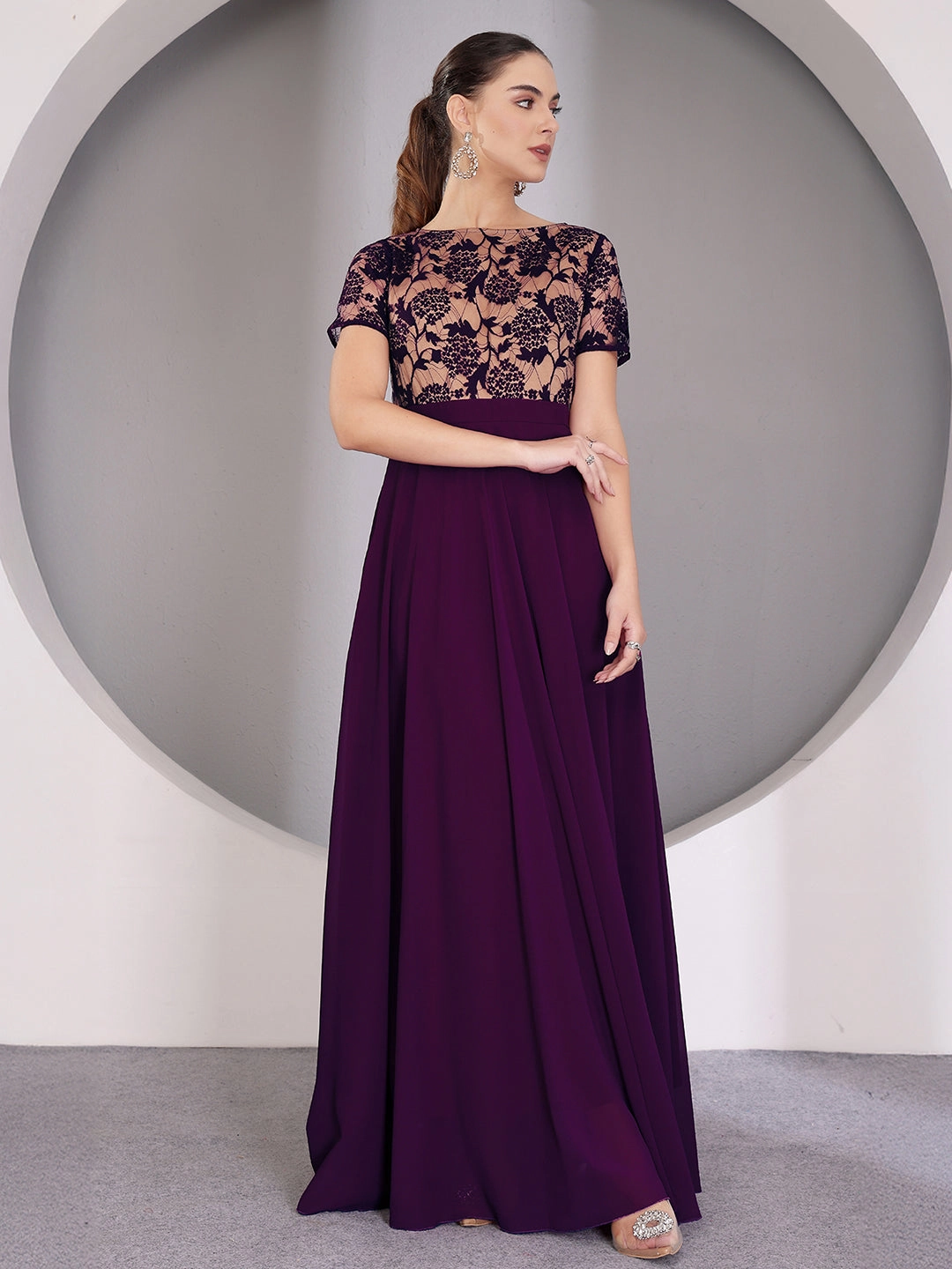Women's Dark Purple Round Neck Half Sleeve Self Design Fit & Flare Georgette Maxi Dress Daytime Look All Inclusive