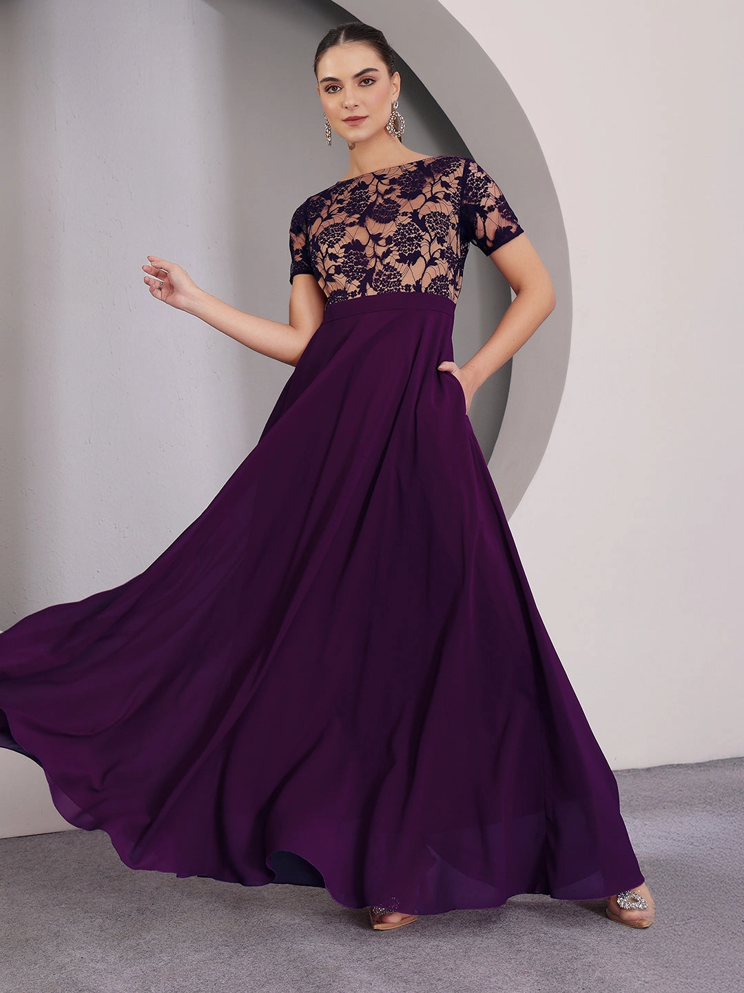 Women's Dark Purple Round Neck Half Sleeve Self Design Fit & Flare Georgette Maxi Dress Night Vibes