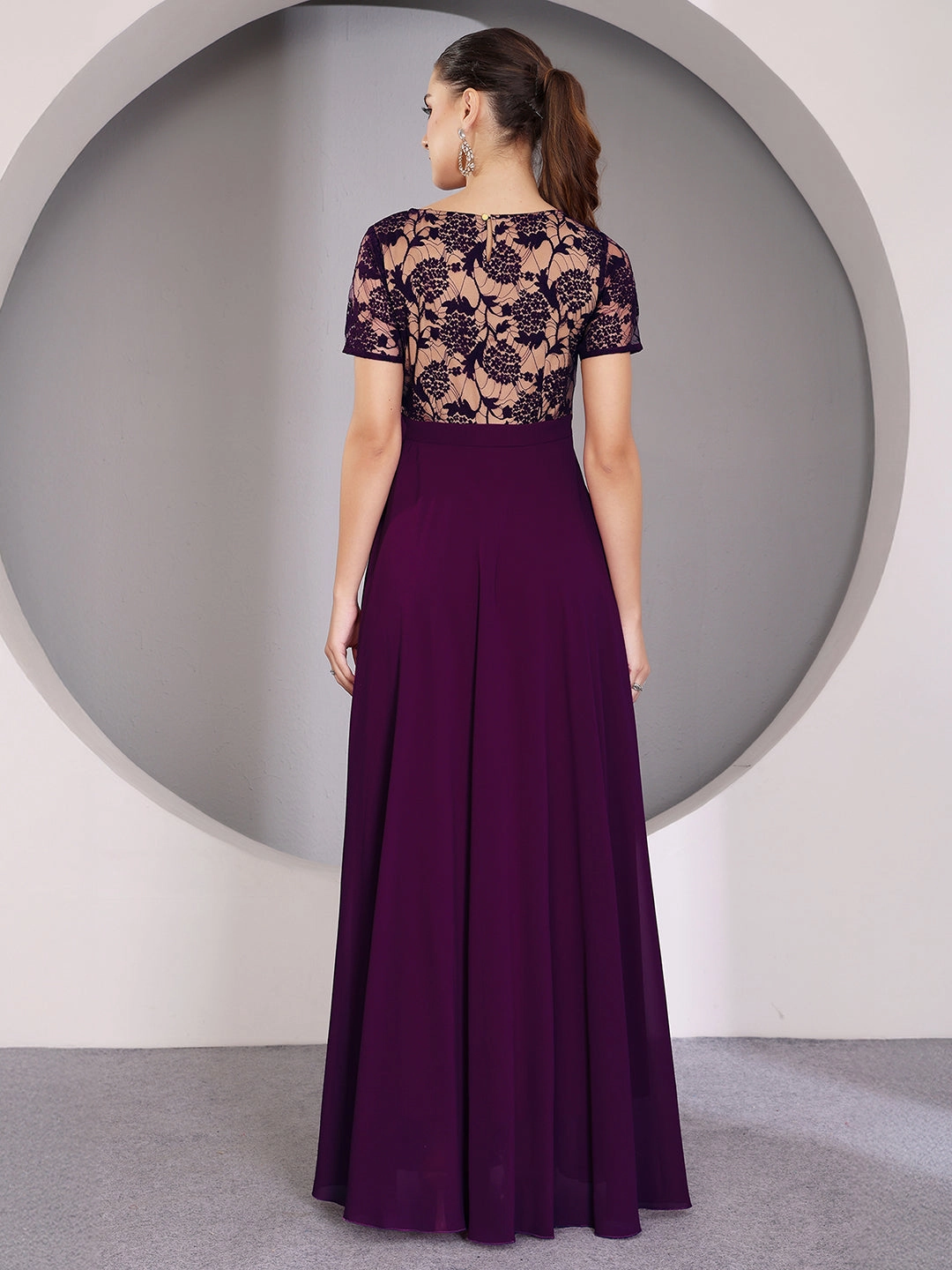 Women's Dark Purple Round Neck Half Sleeve Self Design Fit & Flare Georgette Maxi Dress Chic and Cozy Wear