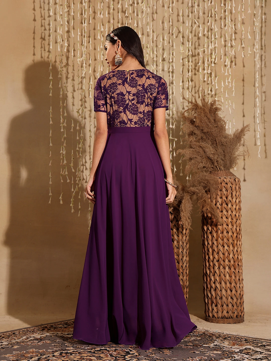 Women's Dark Purple Round Neck Half Sleeve Self Design Fit & Flare Georgette Maxi Dress BreathableLining