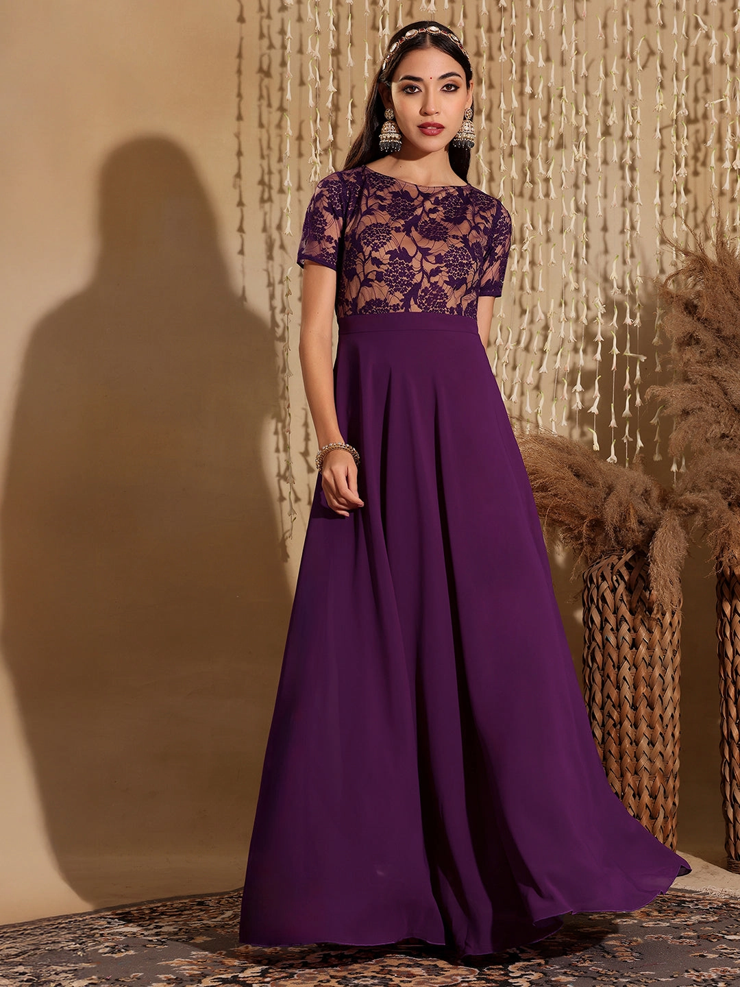 Natural Texture Women's Dark Purple Round Neck Half Sleeve Self Design Fit & Flare Georgette Maxi Dress