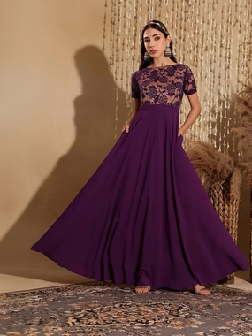 Women's Dark Purple Round Neck Half Sleeve Self Design Fit & Flare Georgette Maxi Dress A-Line
