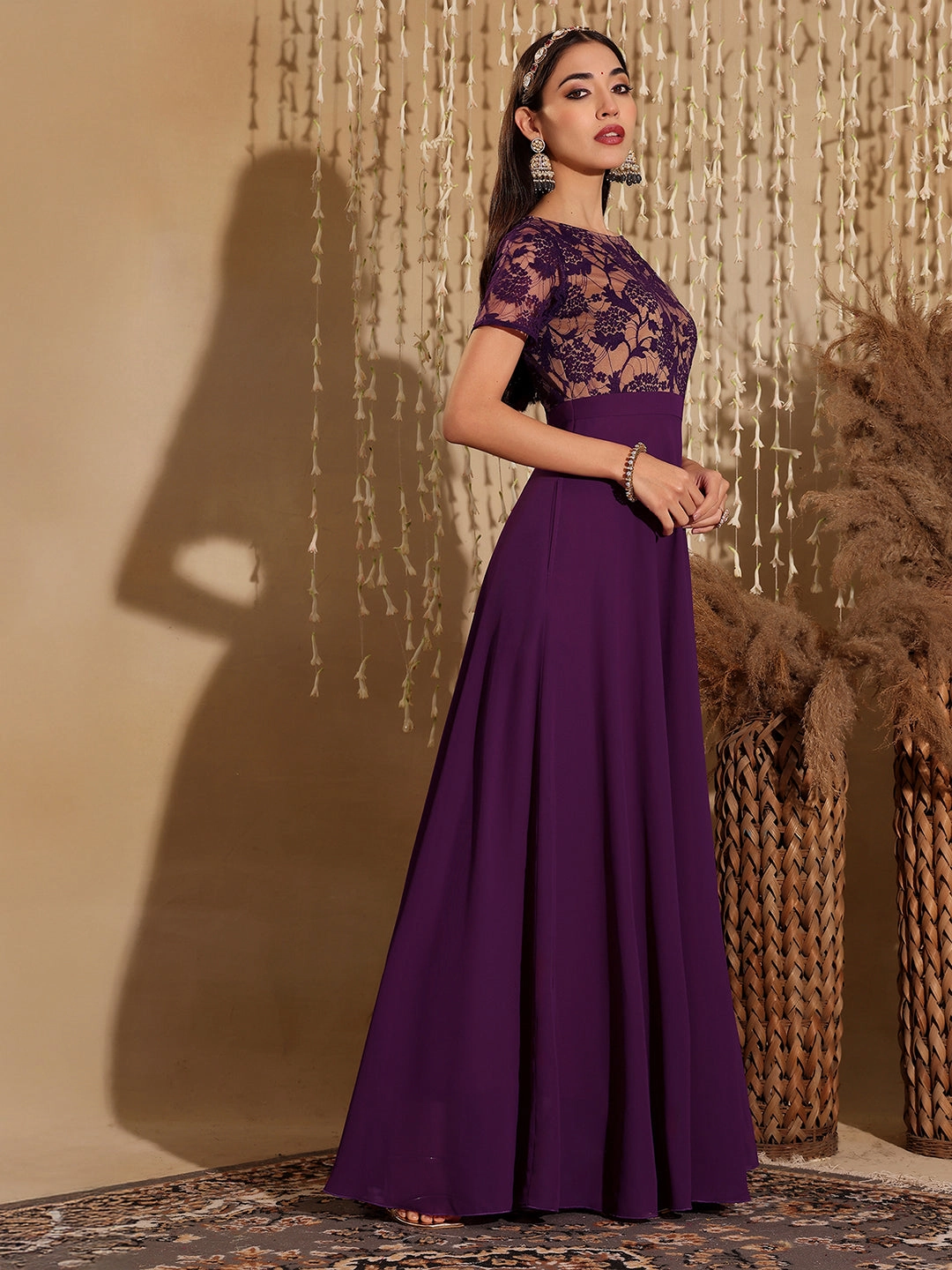Classic Tailoring Romantic Hour Women's Dark Purple Round Neck Half Sleeve Self Design Fit & Flare Georgette Maxi Dress