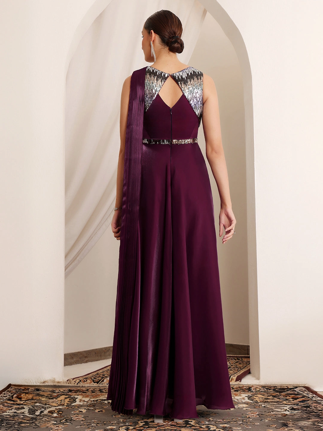Indoor Event Women's Dark Purple Round Neck Sleeveless Embellished Layered Satin Maxi Dress