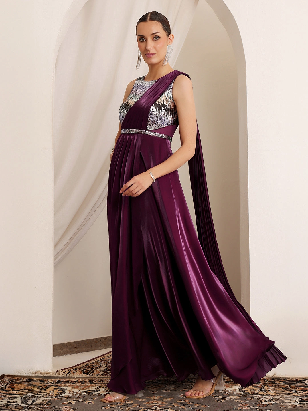 Crisp Detail Active Moments Women's Dark Purple Round Neck Sleeveless Embellished Layered Satin Maxi Dress