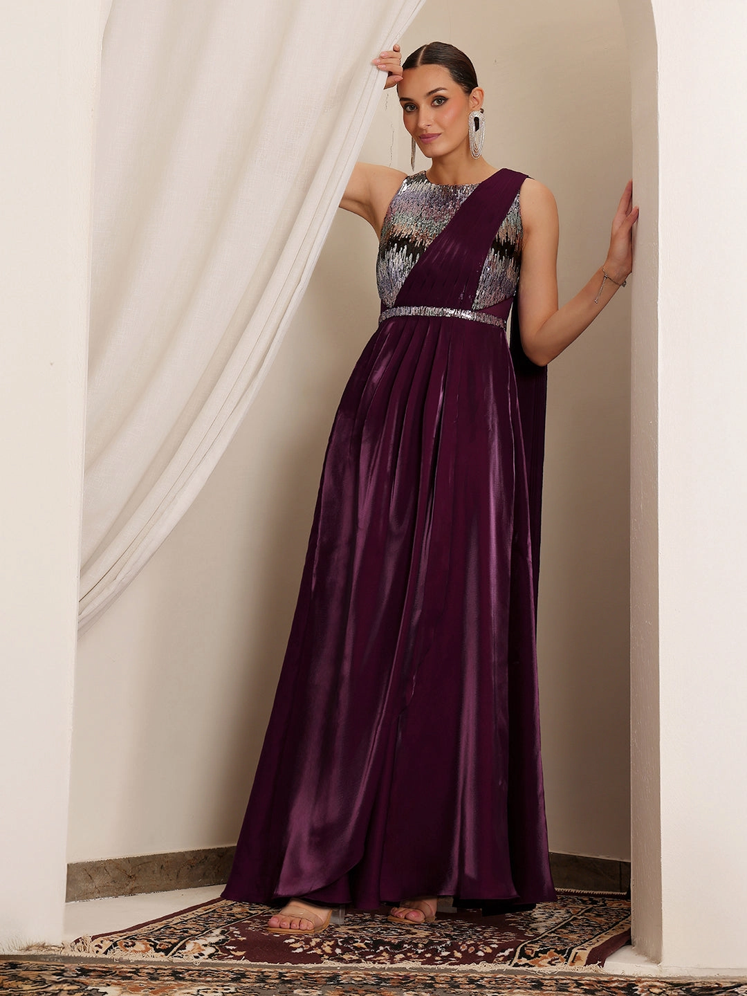 Women's Dark Purple Round Neck Sleeveless Embellished Layered Satin Maxi Dress Ruffle Hem