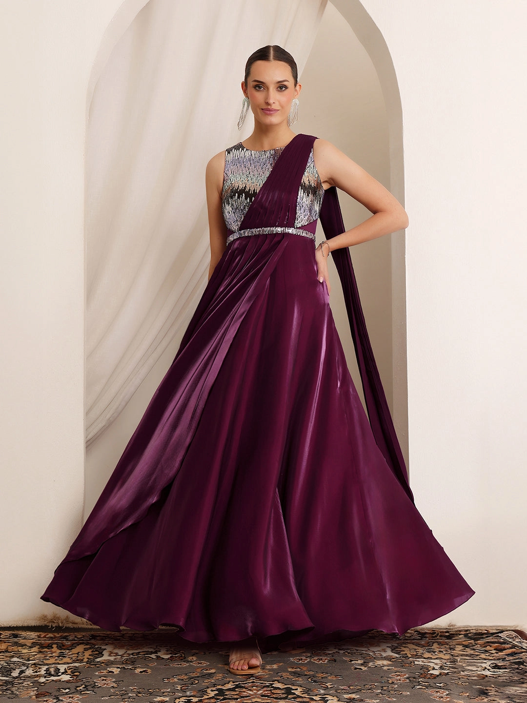 Tailored Waistband Trend Movement Women's Dark Purple Round Neck Sleeveless Embellished Layered Satin Maxi Dress
