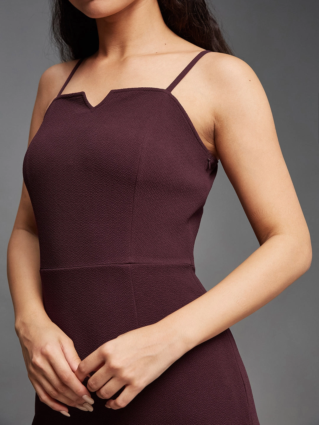 Women's Dark Purple Square Neck Sleeveless Solid Paneled Strappy Mini Bodycon Dress Trend Fit