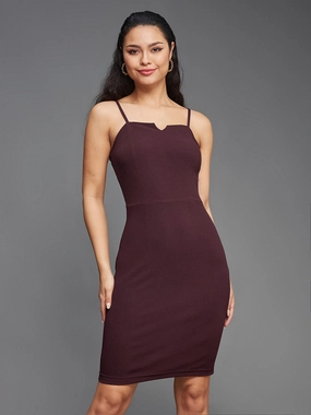 Women's Dark Purple Square Neck Sleeveless Solid Paneled Strappy Mini Bodycon Dress Airy Touch