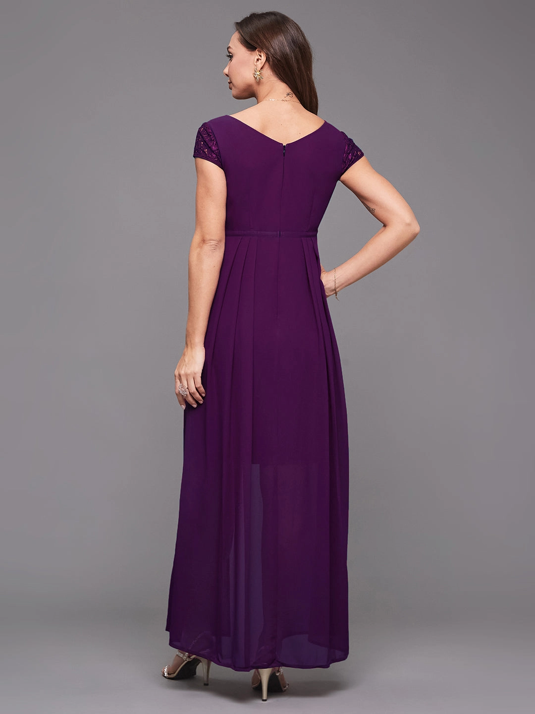 Women's Dark Purple Sweet-Heart Neck Cap Sleeve Self-Designed Pleated Georgette Maxi Dress Low Key