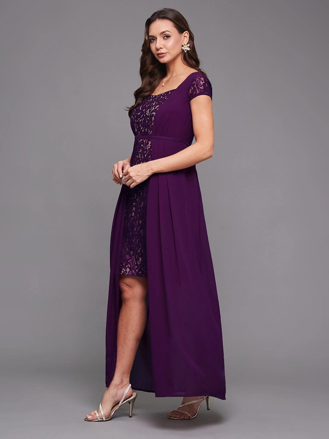 Women's Dark Purple Sweet-Heart Neck Cap Sleeve Self-Designed Pleated Georgette Maxi Dress Comfy Fit