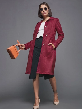 Women's Dark Red Solid Shirt Collar Full Sleeves Patched Pocketed Polyester Button Down Longline Blazer Jacket Relaxed Fit Structure Reinforced Elbow Padding