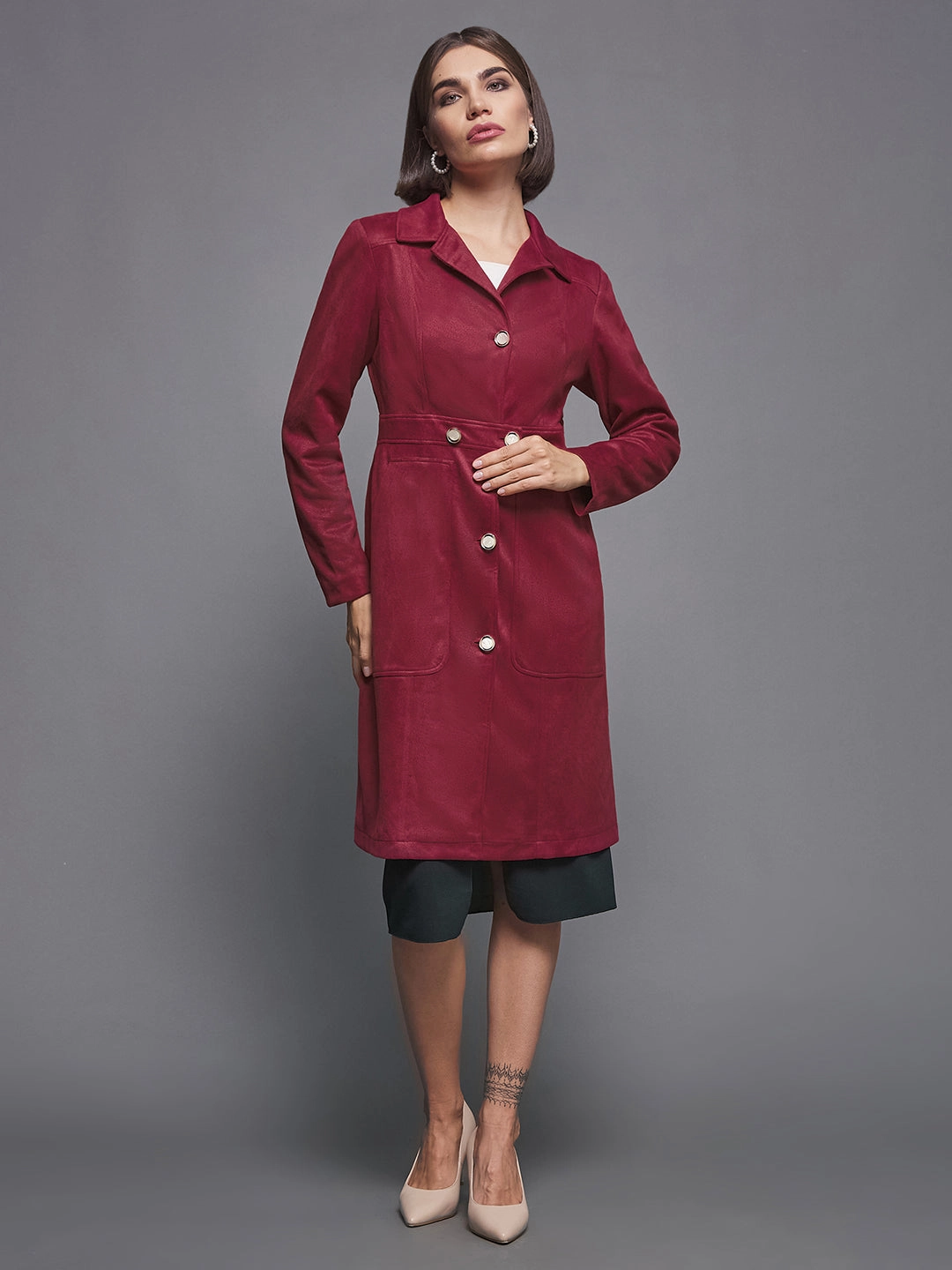 Ripstop Reinforcement Simple Comfort Women's Dark Red Solid Shirt Collar Full Sleeves Patched Pocketed Polyester Button Down Longline Blazer Jacket
