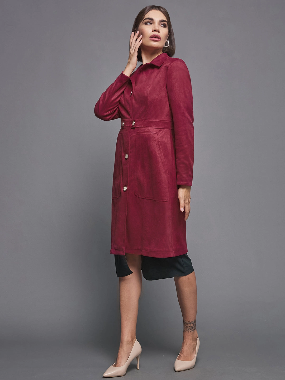 Women's Dark Red Solid Shirt Collar Full Sleeves Patched Pocketed Polyester Button Down Longline Blazer Jacket Weather Friendly