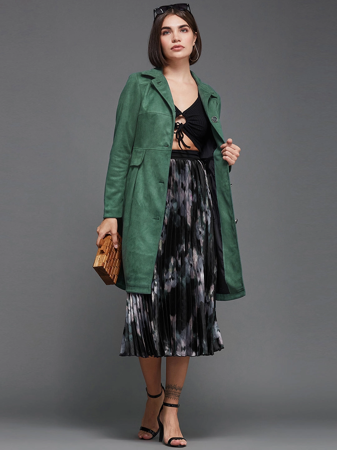 All Day Layering Women's Dark Sage Shirt Collar Full-Sleeve Solid Knee-Long Polyester Jacket