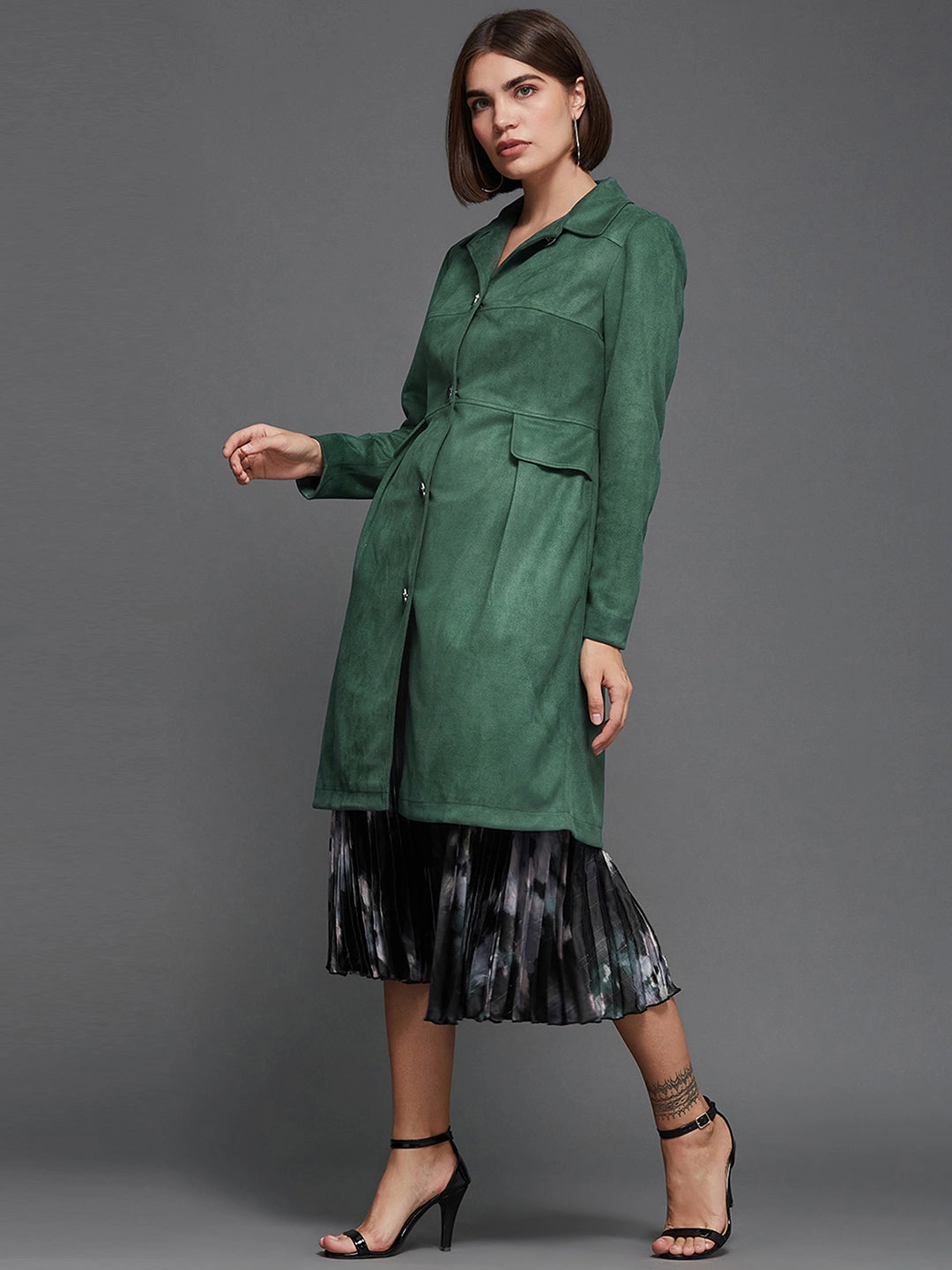 Women's Dark Sage Shirt Collar Full-Sleeve Solid Knee-Long Polyester Jacket Crisp Clean Fit