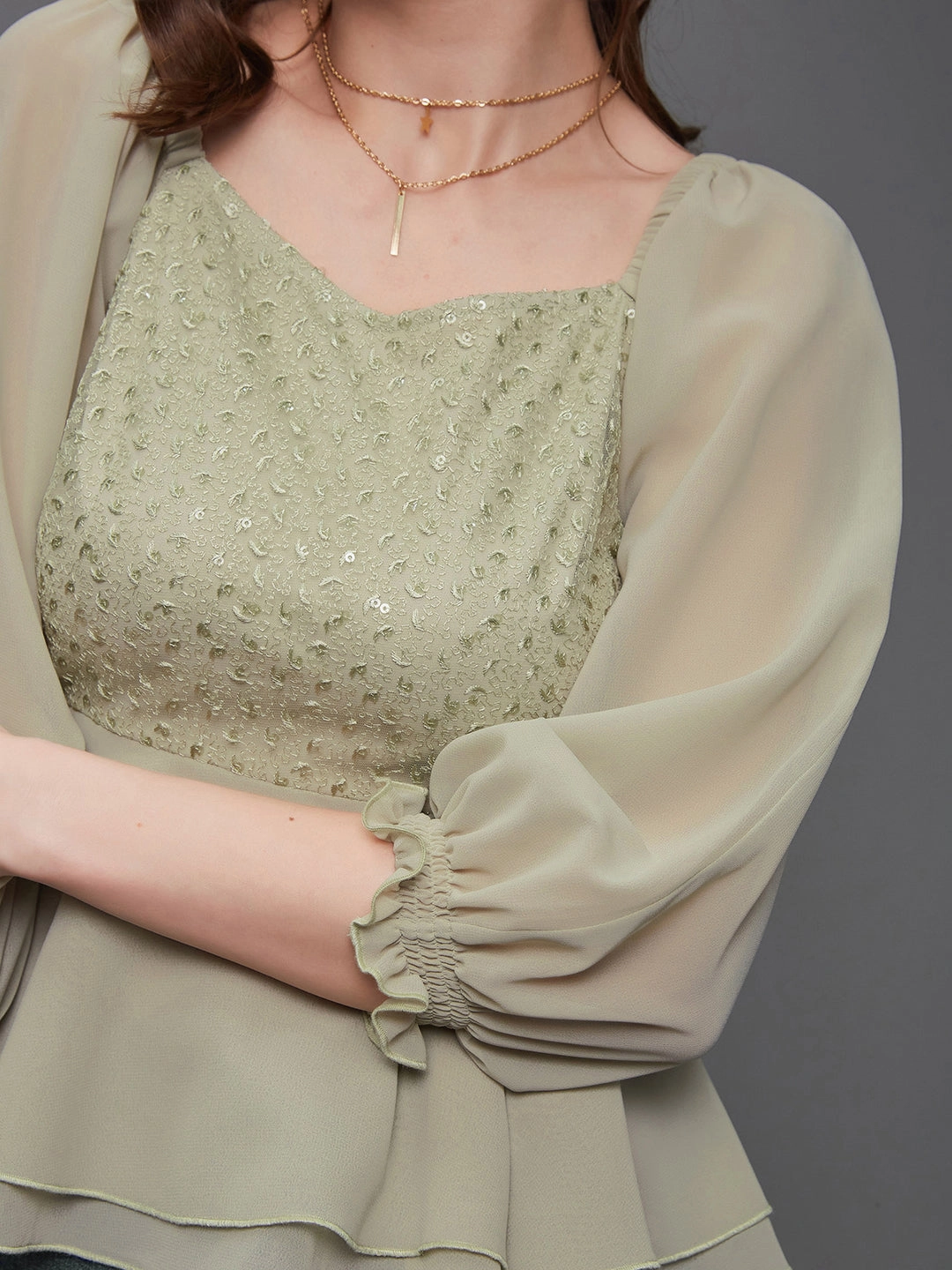 DoubleStitched Hem Layered Sleeve Women's Dusty Green Sweetheart Neck Bishop Sleeve Embellished Peplum Georgette Regular Length Top