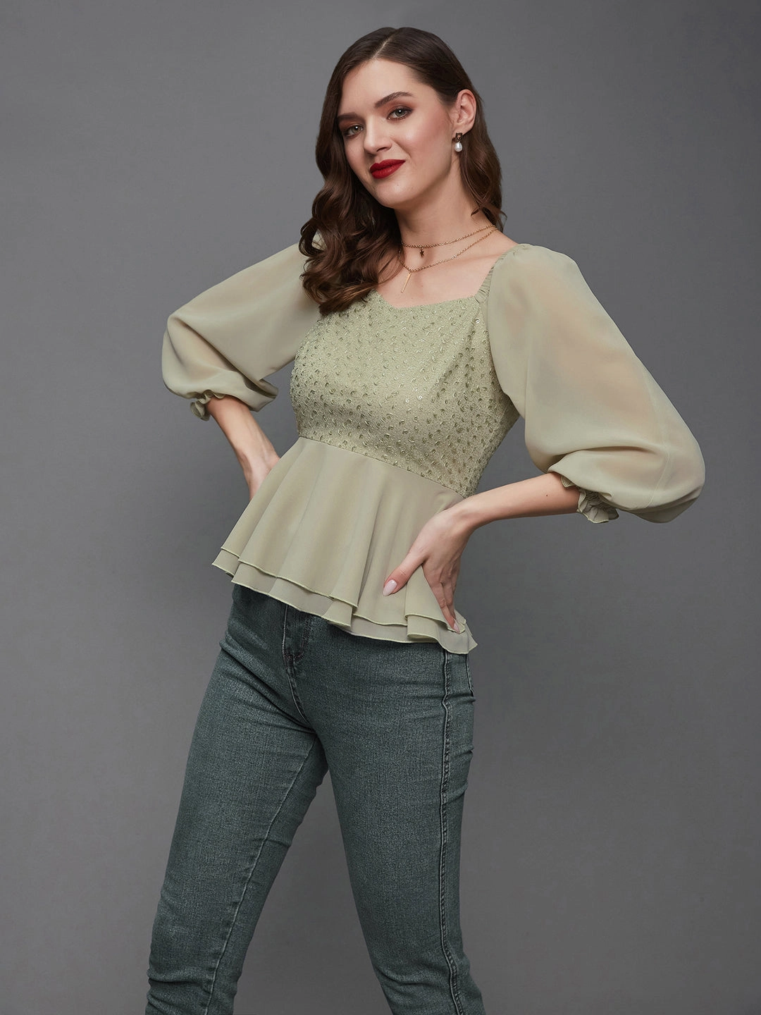 Flexible Waistband Light material Women's Dusty Green Sweetheart Neck Bishop Sleeve Embellished Peplum Georgette Regular Length Top