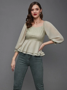 Women's Dusty Green Sweetheart Neck Bishop Sleeve Embellished Peplum Georgette Regular Length Top DoubleStitched Construction