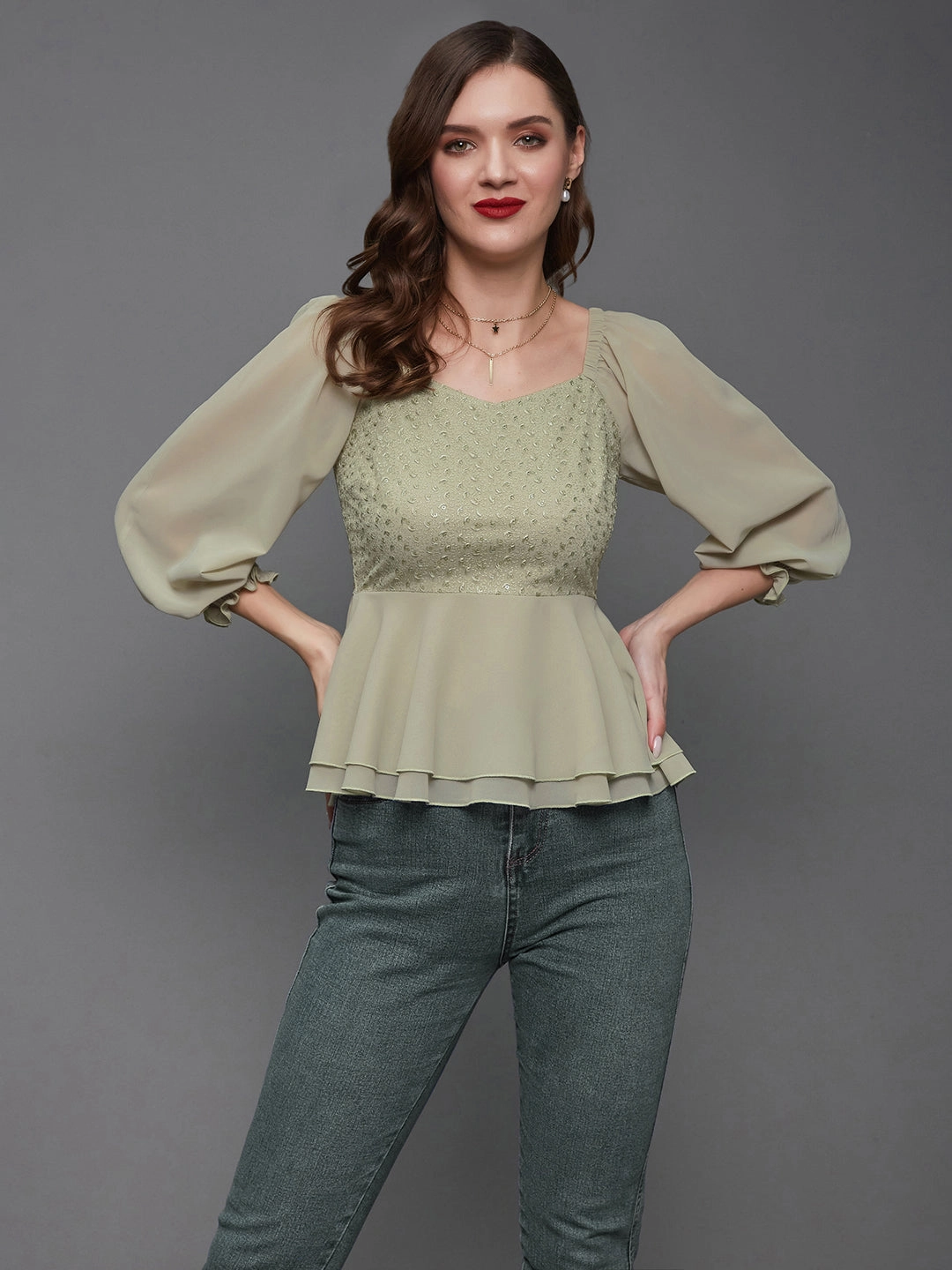 All Over Print Technique Women's Dusty Green Sweetheart Neck Bishop Sleeve Embellished Peplum Georgette Regular Length Top