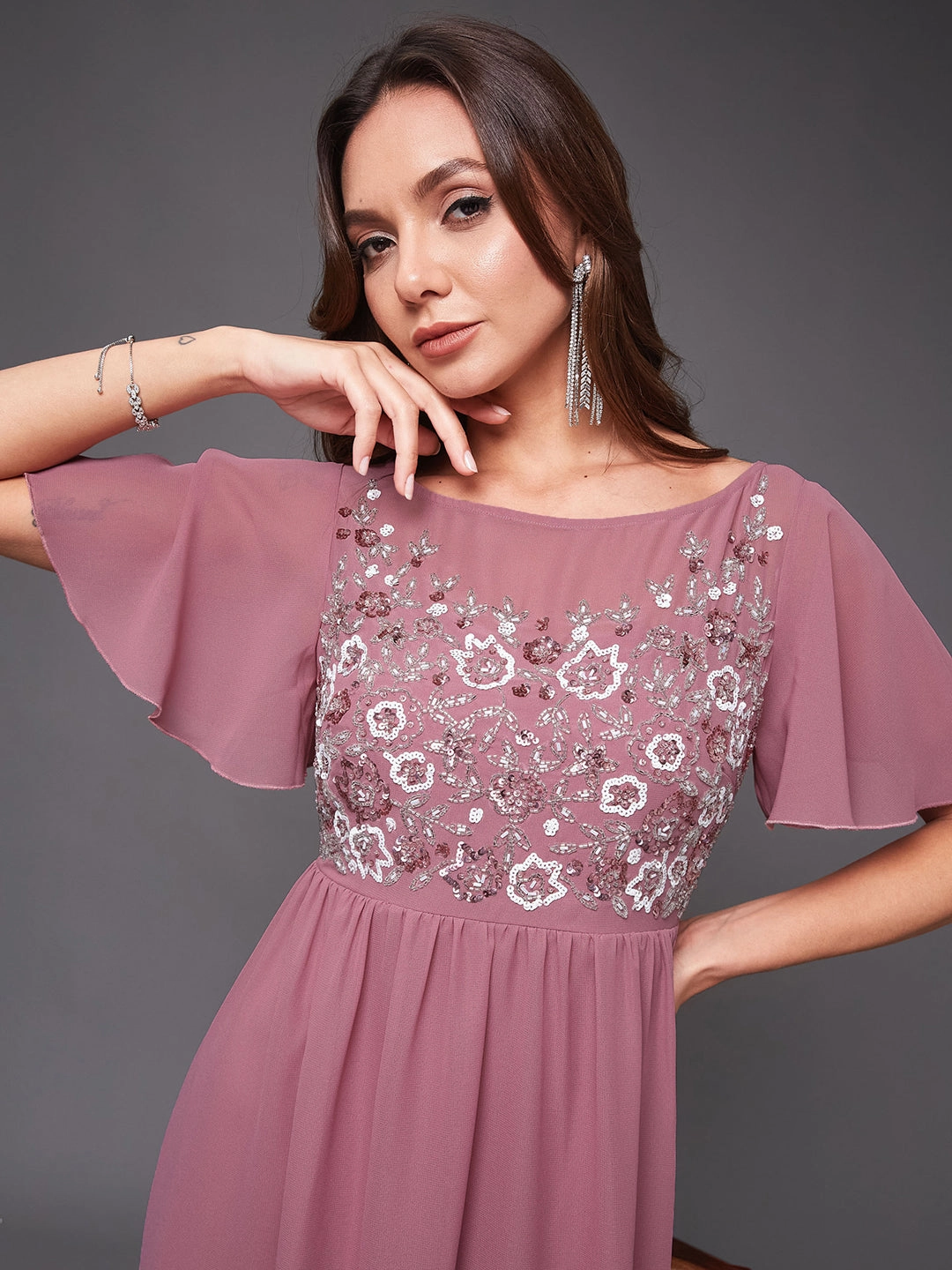 Women's Dusty Lavender Boat Neck Half Sleeve Solid Embellished Georgette Maxi Dress Effortless Mood Curvy Glam