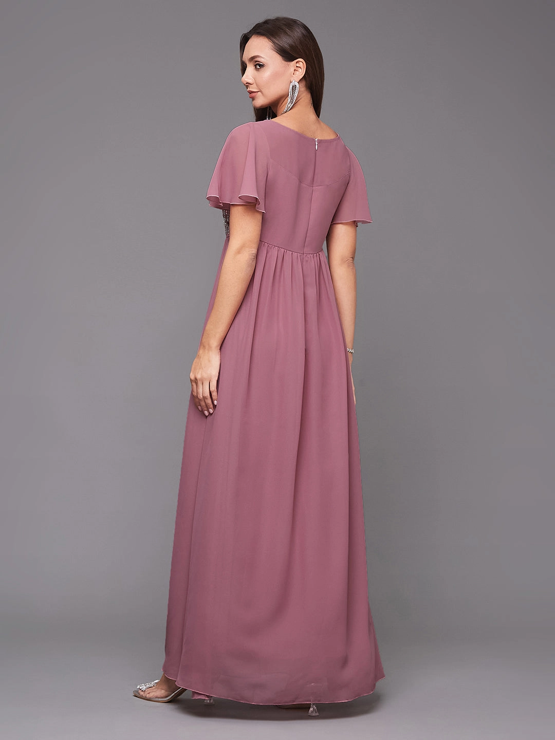 Women's Dusty Lavender Boat Neck Half Sleeve Solid Embellished Georgette Maxi Dress Villa Mood