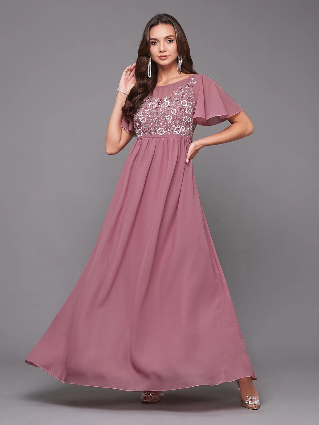 Tailored Elegance Pleated-Texture Women's Dusty Lavender Boat Neck Half Sleeve Solid Embellished Georgette Maxi Dress