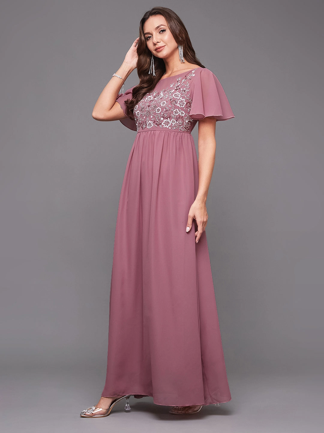 Women's Dusty Lavender Boat Neck Half Sleeve Solid Embellished Georgette Maxi Dress Tailored Piece