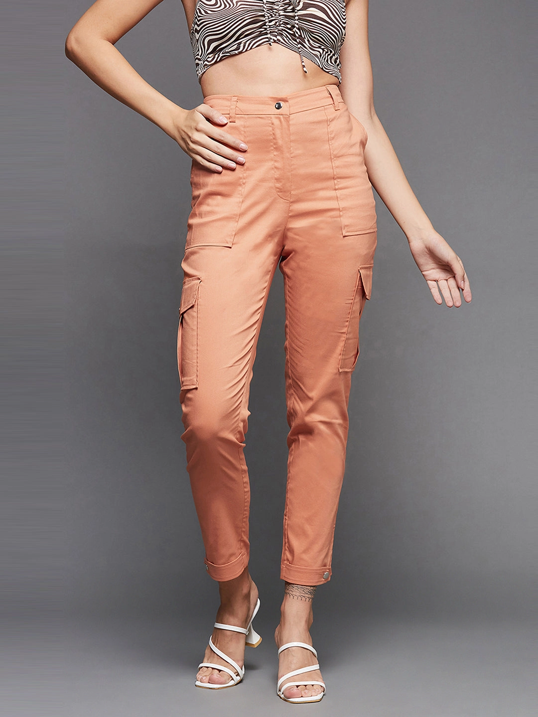 Women's Dusty Orange Solid Polyester High-Waist Regular Length Trousers Anti Pilling Treatment