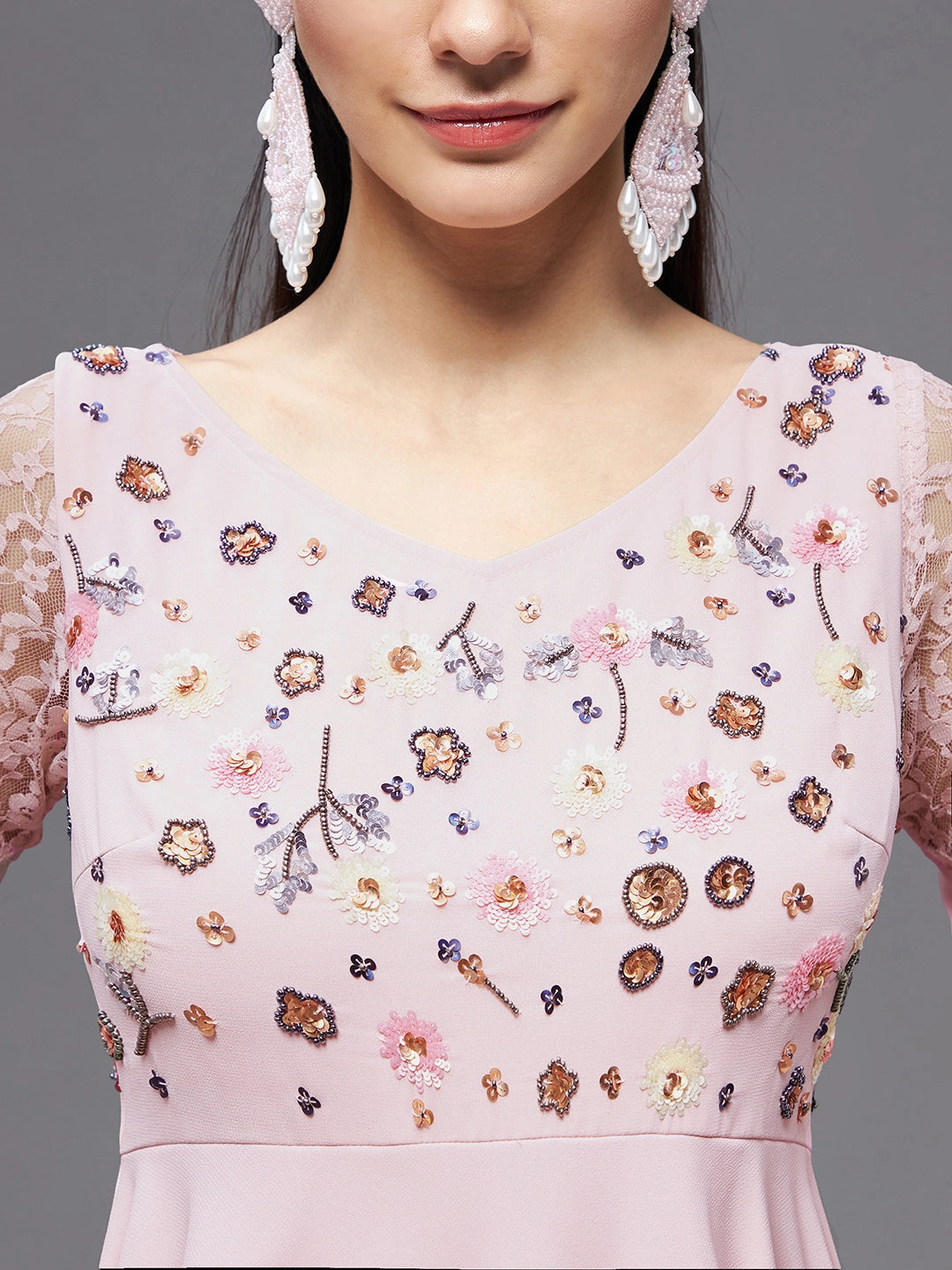 Women's Dusty Pink Relaxed Fit Maxi Georgette Dress Beaded-Edge Relax Feel