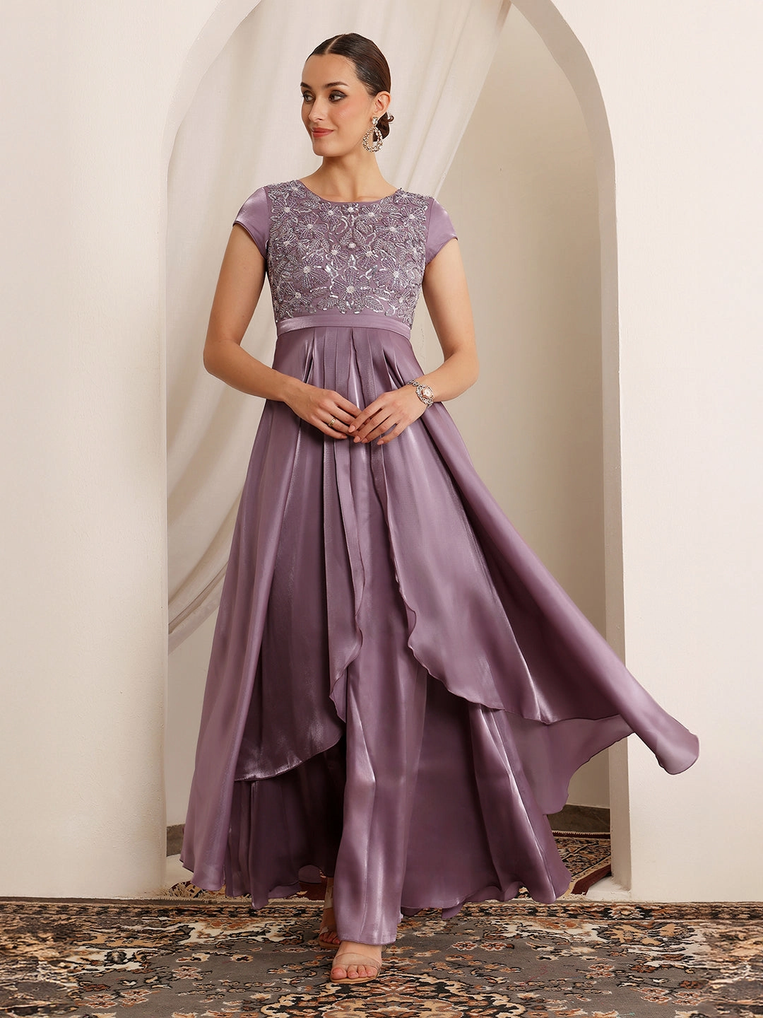 Luxe Look Women's Dusty Purple Round Neck Short Sleeve Embroidered Layered Satin Maxi Dress